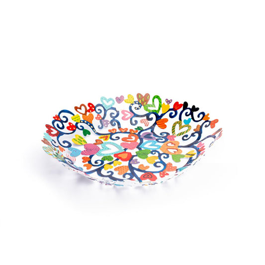 EMANUEL Yair Decorative Metal Fruit Bowl | Vibrant Hand Painted Bowl | Hangable Centerpiece Bowl for Home Decor and Gifting | Judaica Art (14 inch, Hearts)