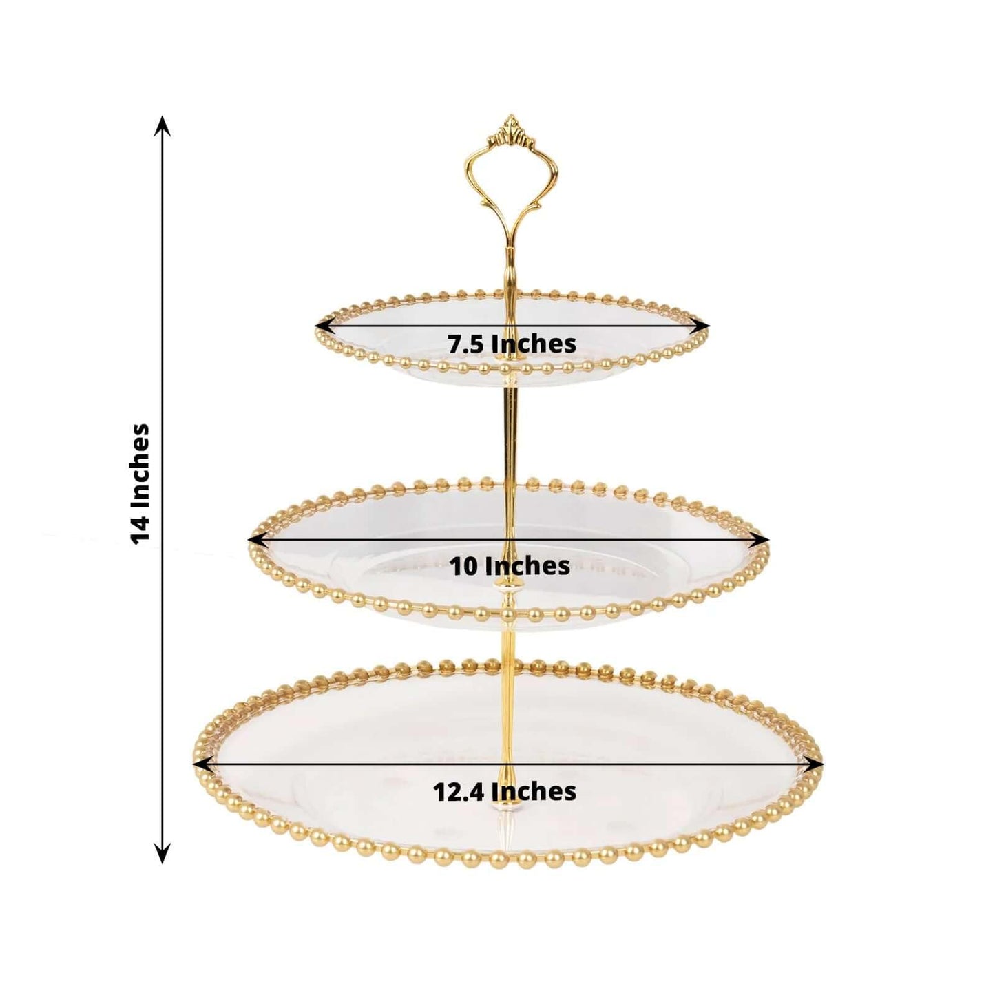 Efavormart Clear 3-Tier Round Plastic Cupcake Tower Stand with Gold Beaded Rim, Dessert Display Tea Party Serving Platter With Top Handle - 14" Tall