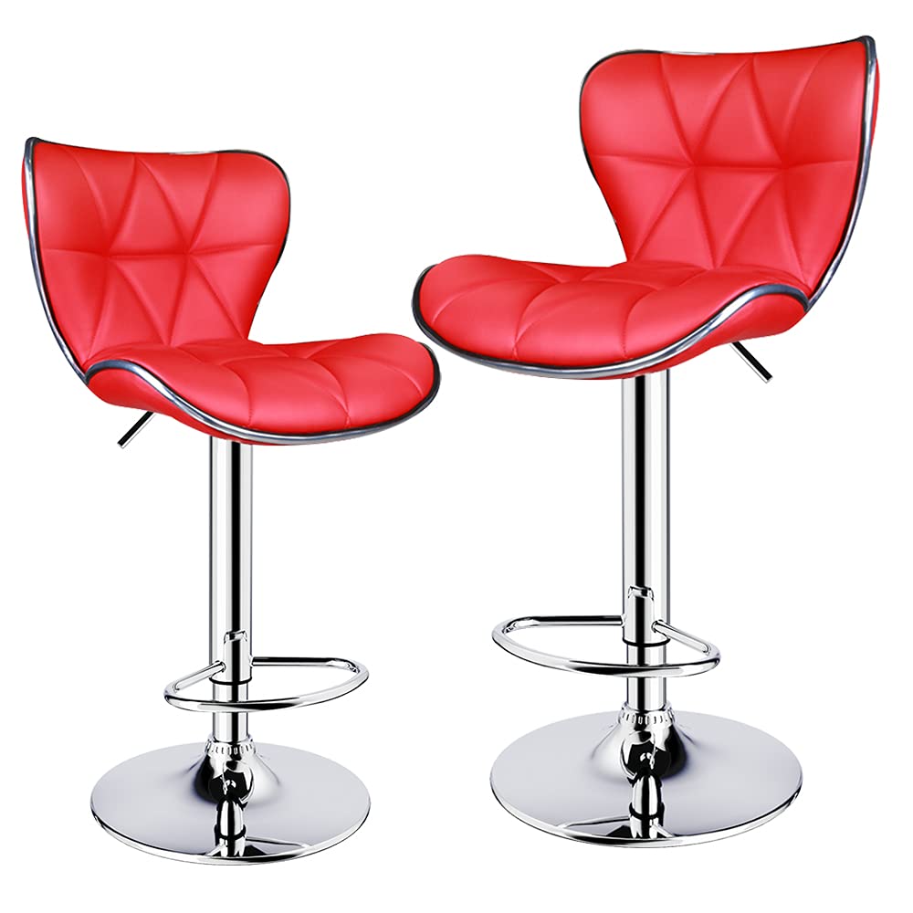 Leopard Shell Back Adjustable Swivel Bar Stools, PU Leather Padded with Back, Set of 2 (Red)