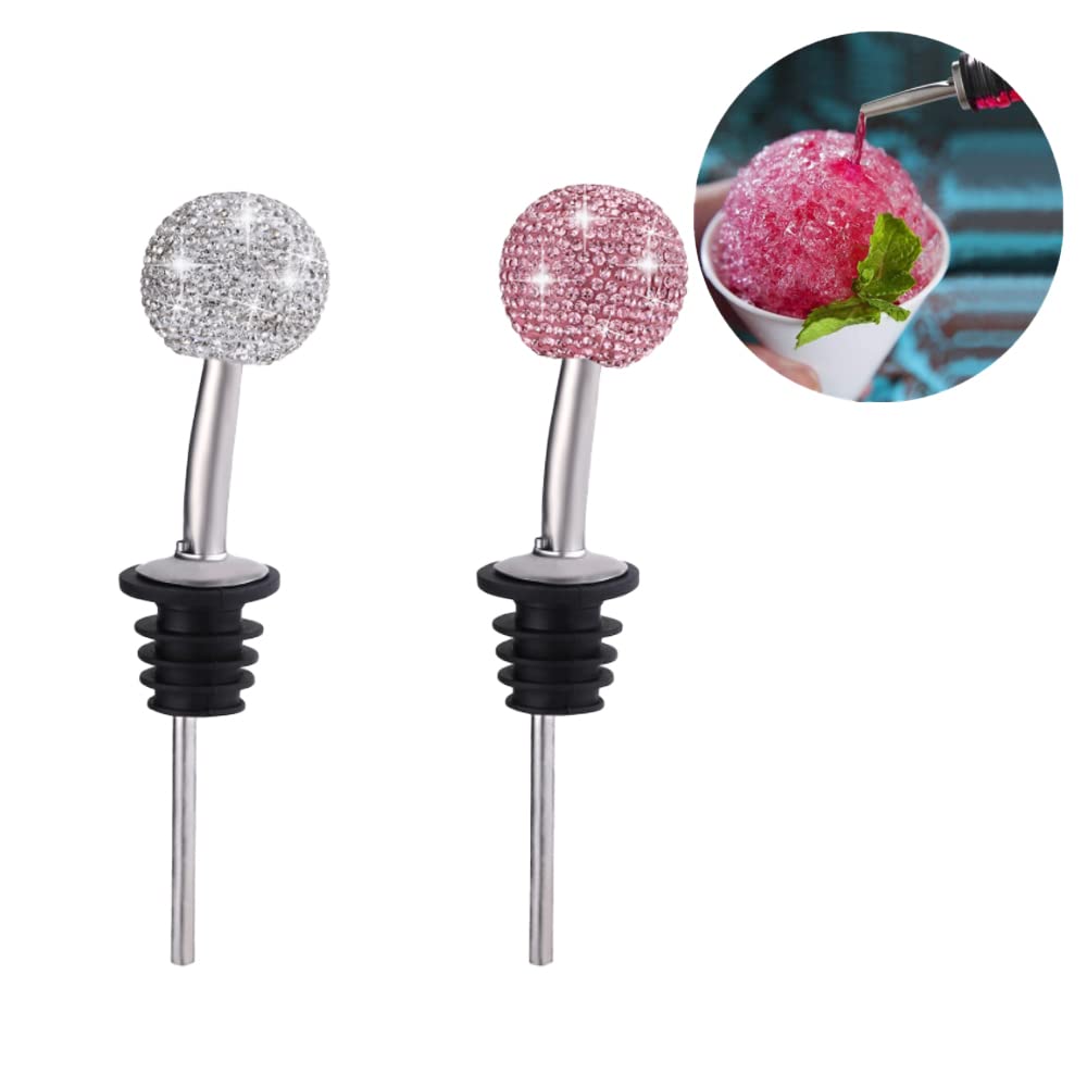 2 Pac GSRYPC Bling Bling pour spouts wtih Crystal Rhinestones cap, Bling Stainless Steel Liquor bottle pourers fit for Olive Oil Wine Vinegar Liquid (Silver+Rose gold)
