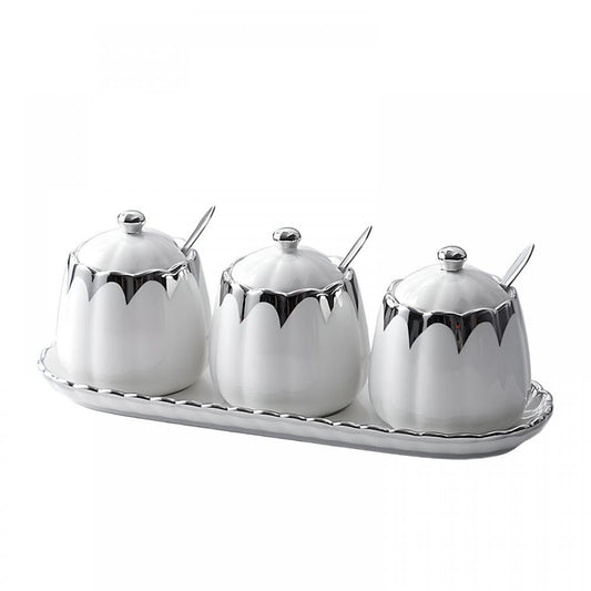 Magnitt Porcelain Condiment Jar Spice Container with Lids, Spoon and Tray, Set of 3,Modern Spice Box Seasoning Jar for Your Home, Kitchen, Counter (White silver)