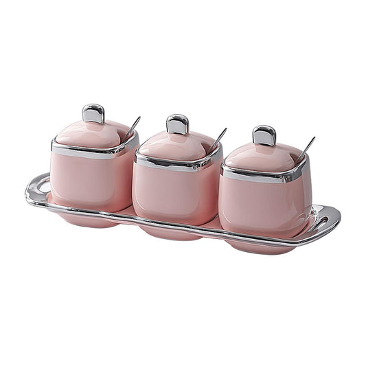 Ceramic Sugar Bowls Set Salt Containers Condiment Jar Porcelain Spice Pots Pepper Boxes with Lids and Spoon, Kitchen Seasoning Canister for Pepper, Sugar, Salt (Pink)