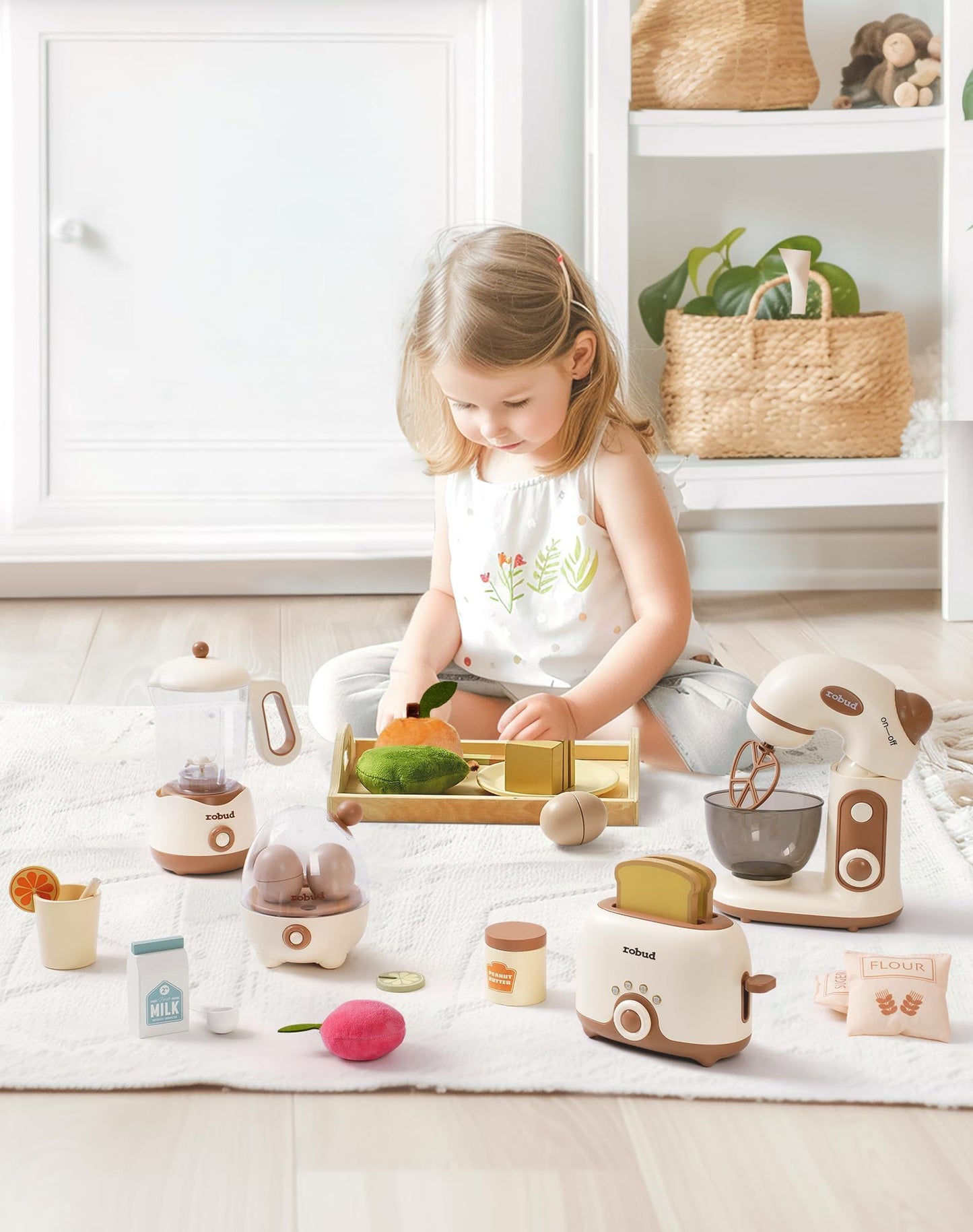 Wooden Pretend Play Kitchen Playset Food Set with Bread Maker and Juicer