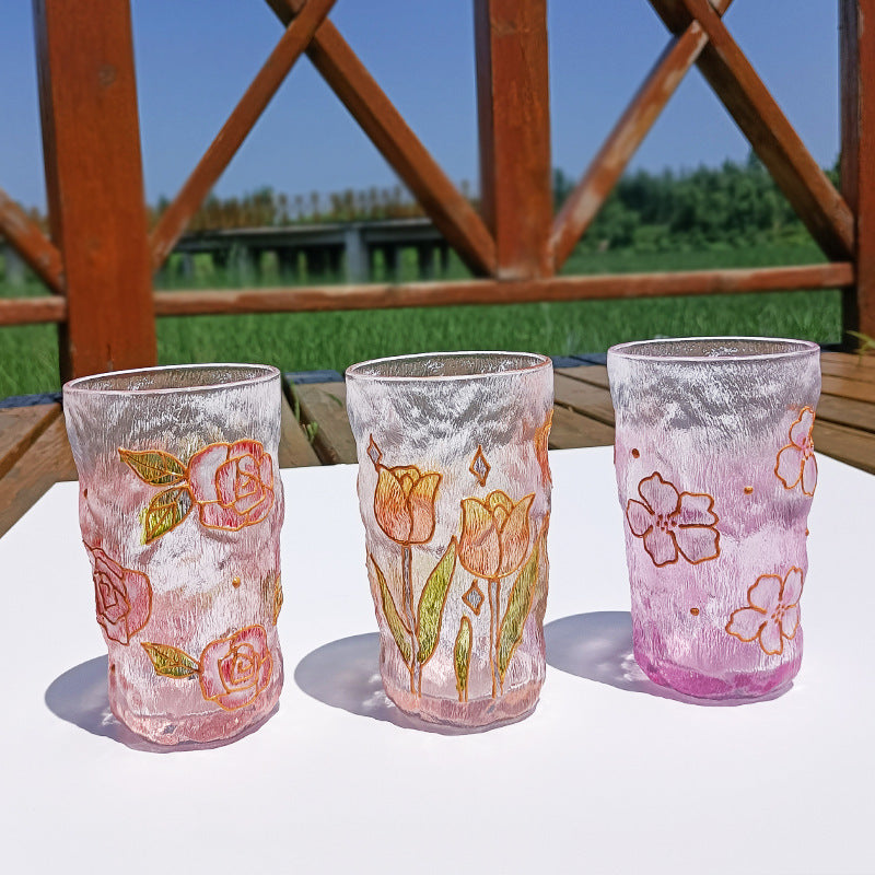 Hand-Painted Hammered Crystal Glass in One of Four Flower Patterns