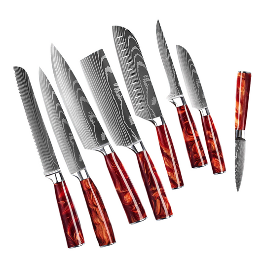 SENKEN 16-Piece Natural Acacia Wood Kitchen Knife Block Set - Japanese Chef's Knife Set with Laser Damascus Pattern, Includes Steak Knives, Kitchen Shears, Santoku, Cleaver & More (Red Resin Handles)