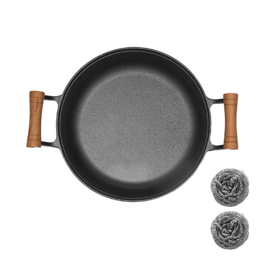 11.8-in. Pancake Griddle with Wooden Handle, Cast Iron Skillet, Uncoated Pan For Home, Thickened Non-Stick Skillet, Multi-Purpose Skillet with Wire Balls