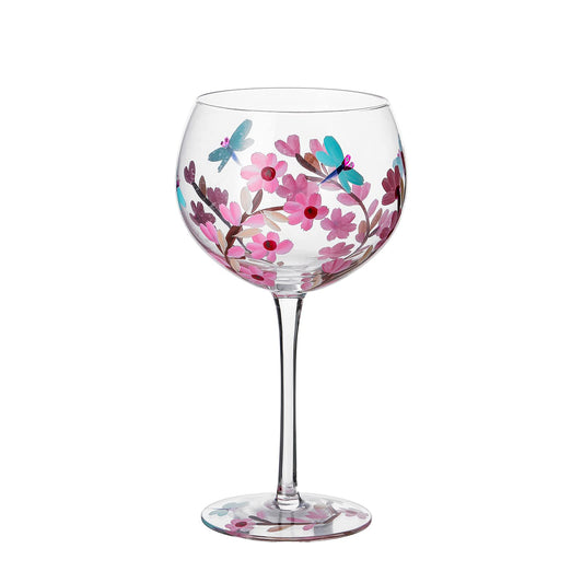 Hand-Painted Wine Glass Pink Flower Dragonflies Artisan Painted 20 Oz. Personalized Gift Idea