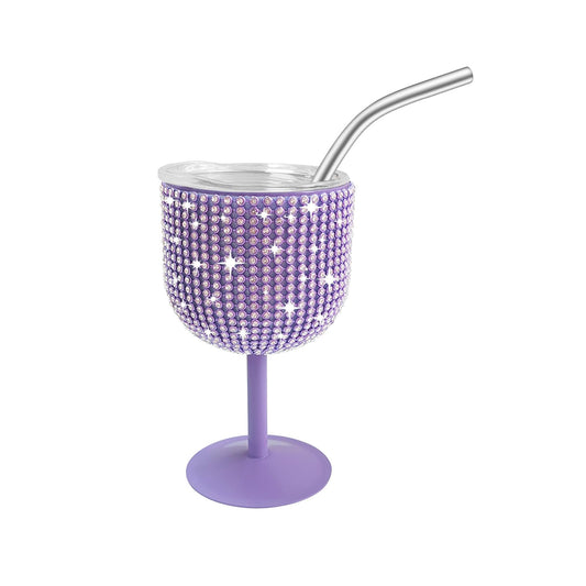 INSTOME Rhinestone Stainless Steel Wine Glasses,4oz Bling Stemmed Stainless Steel Wine Tumbler with Lid and Straw for Camping,Picnics,Travel,Birthday Gifts for Family (purple, 4oz)
