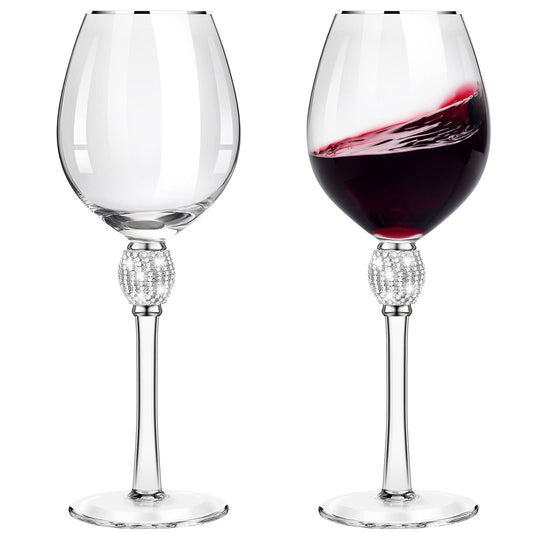 Patelai 2 Pieces Rhinestone Red Wine Christmas Gift Clear Glass with Rim Tulip Shaped Diamond Wine Glasses Long Stem Glassware for Wedding, Parties, Anniversary(Silver)