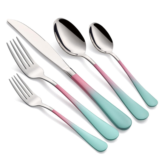 Unique Pink and Aqua 20-Piece Silverware Set 18/0 Stainless Steel Flatware Pink and Green Handle Cutlery Set Service for 4 Fork Knife Spoon Set Mirror Finish Dishwasher Safe