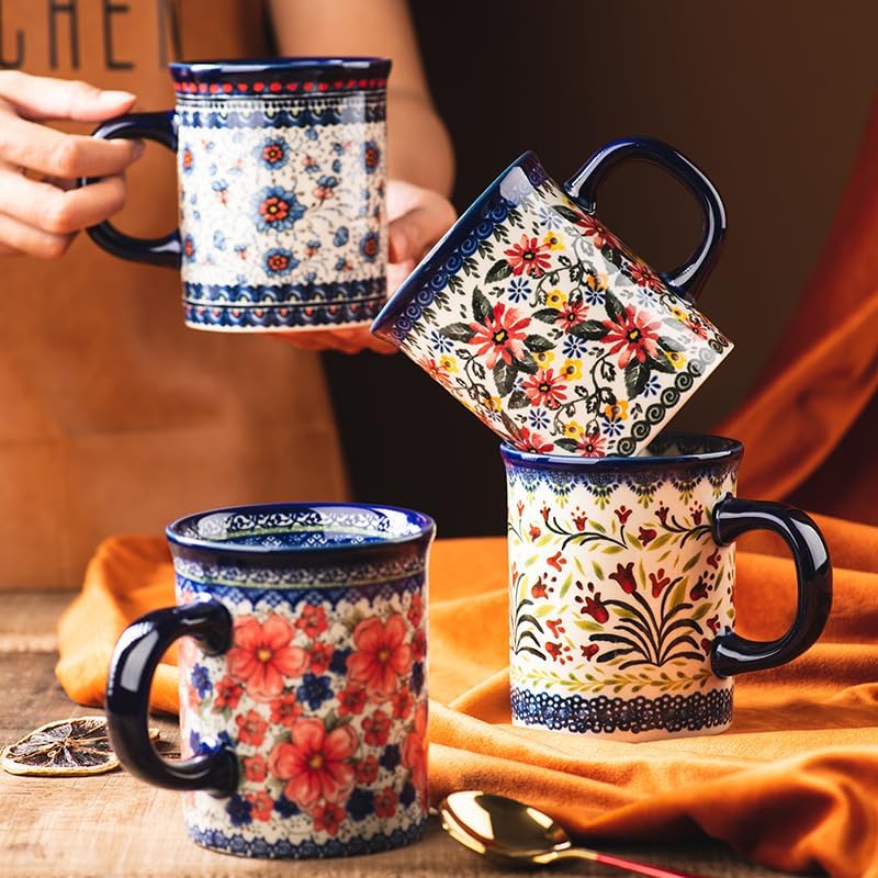 Generic Pottery Coffee Mug Set,14oz, Hand Painted Ceramic Tea Cups with Unique Design for Hot or Cold Drinks (Exotic daisy), convention, Blue