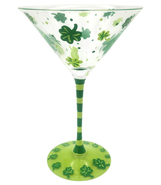 St. Patrick's Day Theme Hand Painted Martini Glass - Shamrock, Cocktail, Clovers, Green