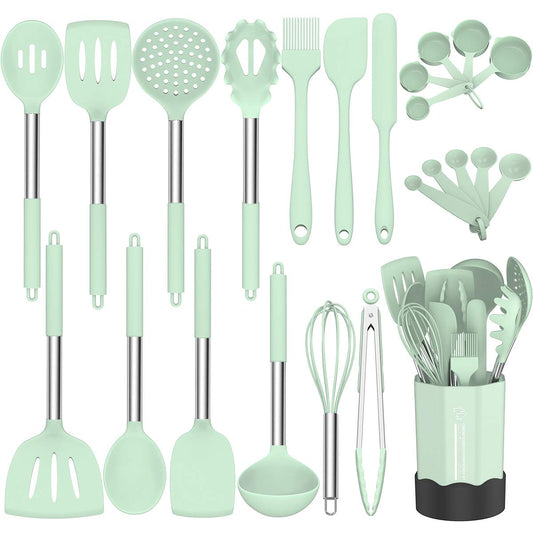 Green 24-Piece Silicone Cooking Utensil Set, Fungun Non-stick Kitchen Utensil 24 Pcs Cooking Utensils Set, Heat Resistant Cookware, Silicone Kitchen Tools Gift with Stainless Steel Handle (Green-24pcs)