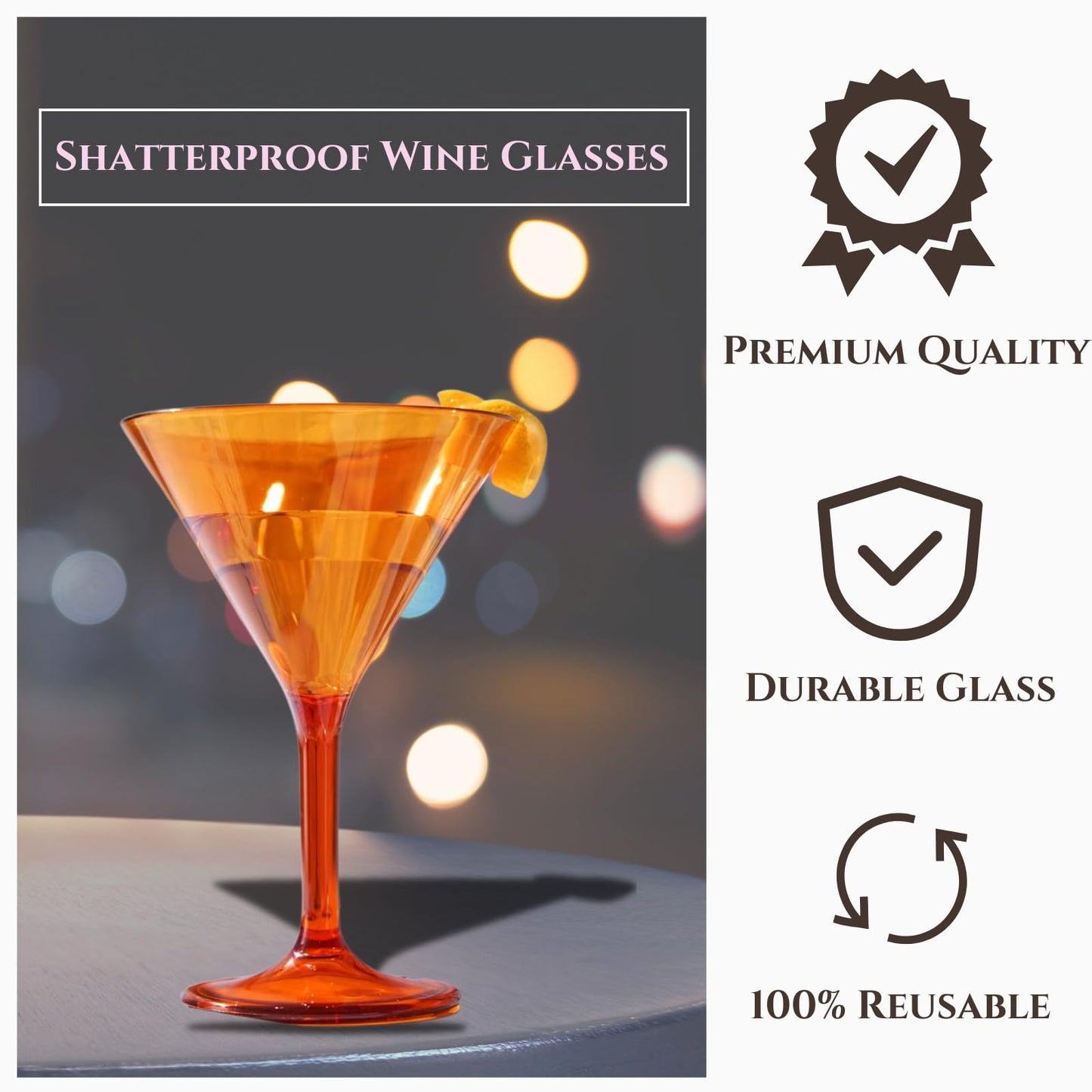 European Style Plastic Crystal Glasses, Unbreakable Martini, Cocktail | Set of 6 | Shatterproof Acrylic 100% Tritan Drinkware, Colored BPA-free, Reusable, Outdoor, Pool and Indoor, Dishwasher Safe 10 Oz.
