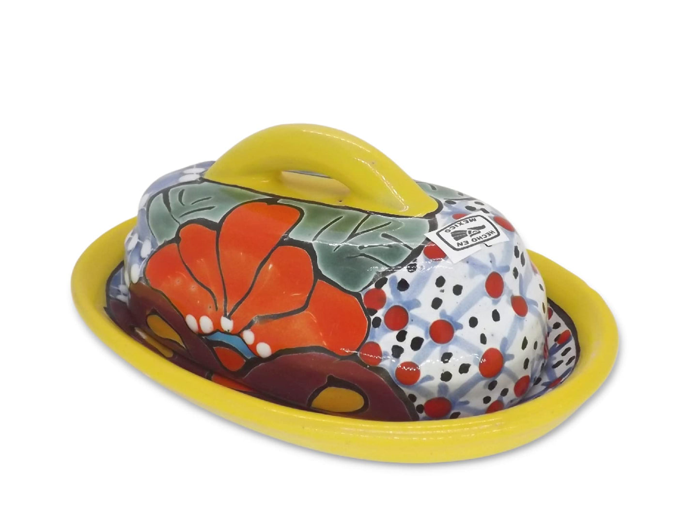 MEXTEQUIL - Butter Dish Ceramic Talavera with Lid Hand Painted Authentic Mexican Pottery Kitchen Floral Design (Yellow)