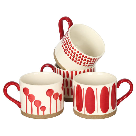 Koja Hand Painted 15 oz. Porcelain Ceramic Mugs Set. Service for 4. (Hand Painted - Red)