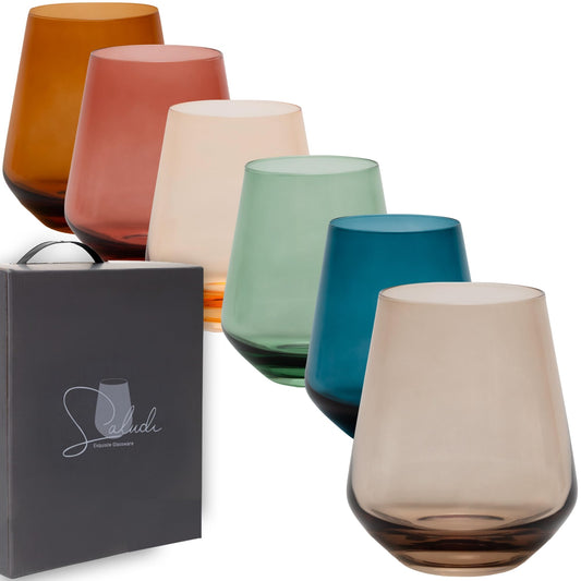 Saludi Colored Stemless Glasses, 16.5oz (Set of 6) Stemless Multi-Color Wine and Water Glass - Great for all Wine Types and Occasions - Luxury, Durable, Hand-Blown