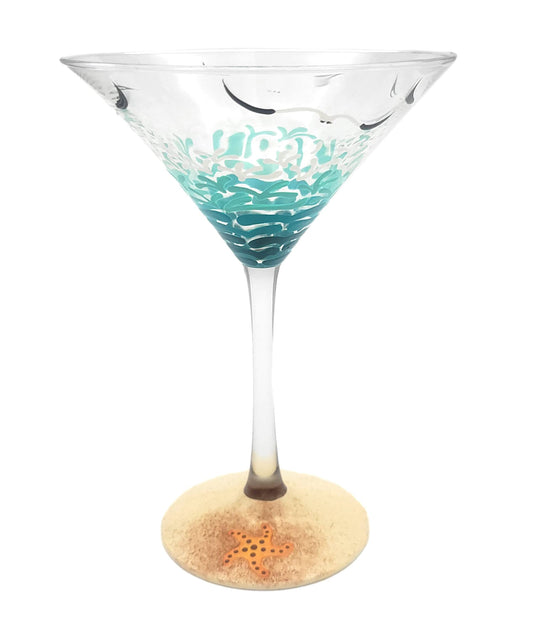 Tropical Beach Martini Cocktail Glass - Hand Painted - Starfish, Sea Shell, Waves, Seagulls, Sea Turtle, Sand,Summer