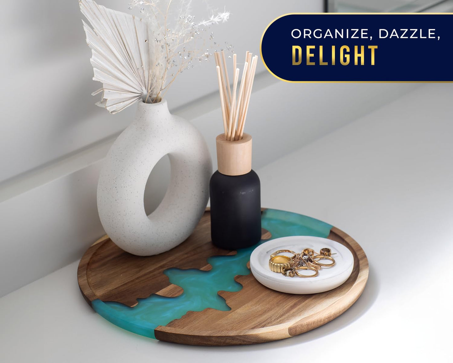 Visually Stunning Celeste Blue Resin + Acacia Wood Serving Tray - Modern Round 12" Serving Tray for Food, Breakfast in Bed, Coffee Table, Decor, Organization, Snacks, Patio, Lap Tray