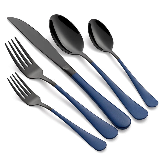 Black and Blue 20-Piece Silverware Set 18/0 Stainless Steel Flatware Sapphire Blue Handle Cutlery Set Service for 4 Dinner Knives Forks Spoons Set Mirror Finish Dishwasher Safe