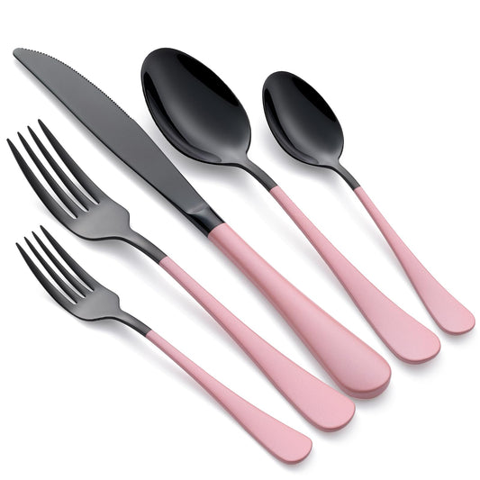 Black and Pink 20-Piece Silverware Set 18/0 Stainless Steel Flatware Warm Pink Handle Cutlery Set Service for 4 Dinner Knives Forks Spoons Set Mirror Finish Dishwasher Safe