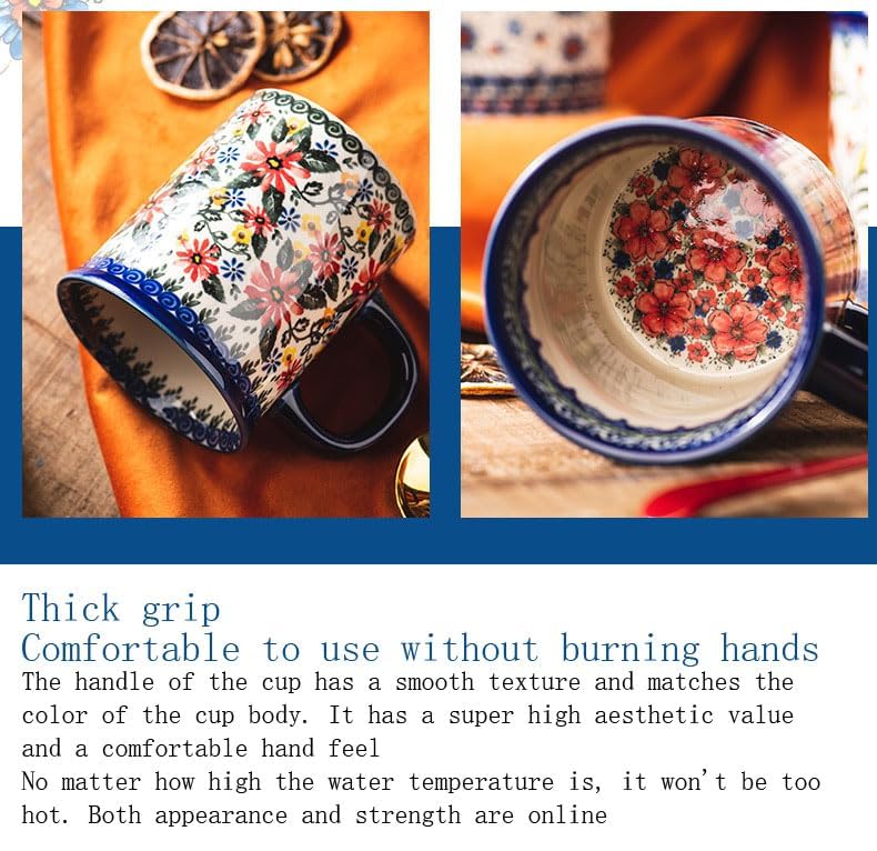 Generic Pottery Coffee Mug Set,14oz, Hand Painted Ceramic Tea Cups with Unique Design for Hot or Cold Drinks (Exotic daisy), convention, Blue