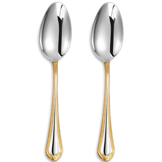 KEAWELL Pearl Edge Premium Serving Spoon Set, 18/10 Stainless Steel, 9" Fine Hostess Utensils with Refined Bead Design, Brightly Polished, Gold Accent, Dishwasher Safe (2 Serving Spoons)
