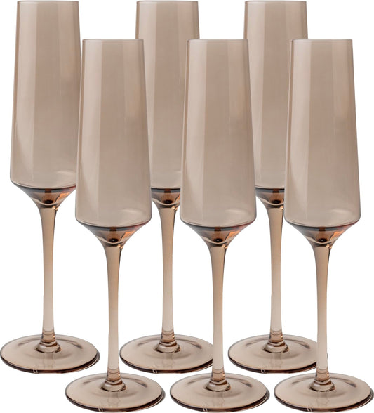 Saludi Colored Champagne Flutes - As Seen on 'Bachelor in Paradise' - 6.5oz (Set of 6) Stemmed Glass - Great for All Occasions and Gifts - Luxury, Durable, Hand-Blown (Smokey Sand)
