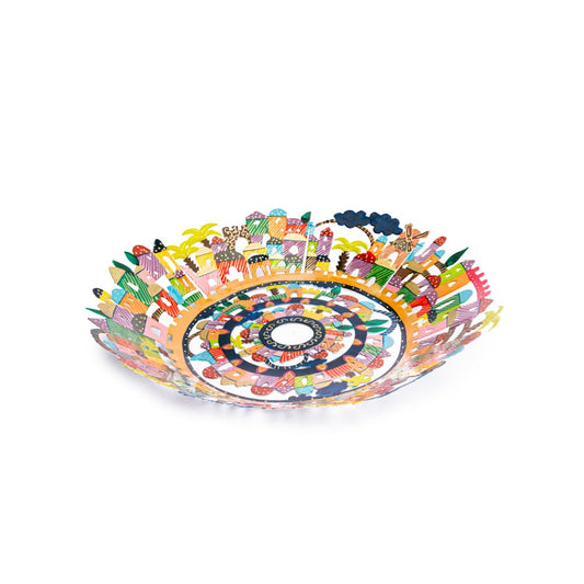 EMANUEL Yair Decorative Metal Fruit Bowl | Vibrant Hand Painted Bowl | Hangable Centerpiece Bowl for Home Decor and Gifting | Judaica Art (14 inch, Jerusalem)