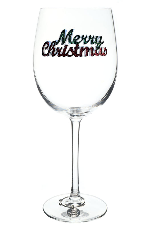 Merry Christmas Jeweled Stemmed Wine Glass, 21 oz. - Unique Gift for Women, Birthday, Cute, Fun, Not Painted, Decorated, Bling, Bedazzled, Rhinestone