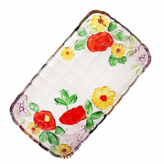 Colorful Crystal Platter - Glass Rectangular Serving Trays, Hand Painted Flower Art Glass Fruit Platter, Decorative Plate to Display Cake Candy for Home Office Decor