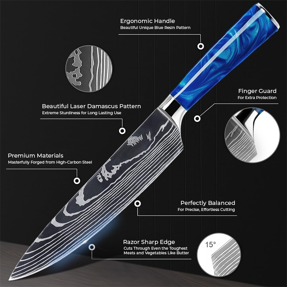 SENKEN 16-Piece Kitchen Knife Block Set - Japanese Chef's Knife Set with Laser Damascus Pattern, Includes 6 Steak Knives and Smoothly-Finished Acacia Hardwood Knife Block (Blue Resin Handles)