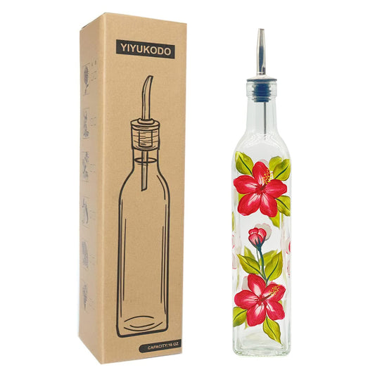 YIYUKODO 17oz Hand Painted Glass Olive Oil Bottle - 500ml Green Oil & Vinegar Cruet with Pourers - Olive Oil Carafe Decanter for Kitchen (Red flowers)