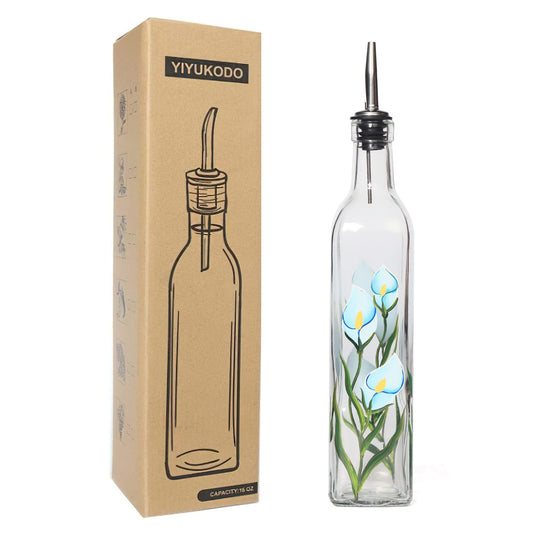 YIYUKODO 17oz Hand Painted Glass Olive Oil Bottle - 500ml Green Oil & Vinegar Cruet with Pourers - Olive Oil Carafe Decanter for Kitchen (Morning glory)