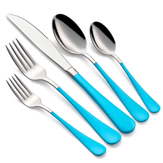Bright Turquoise 20-Piece  Silverware Set 18/0 Stainless Steel Flatware Blue Handle Cutlery Set Service for 4 Dinner Knives Forks Spoons Set Mirror Finish Dishwasher Safe