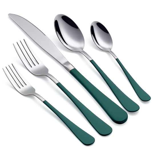 Green 20-Piece Silverware Set 18/0 Stainless Steel Flatware Green Handle Cutlery Set Service for 4 Dinner Knives Forks Spoons Set Mirror Finish Dishwasher Safe