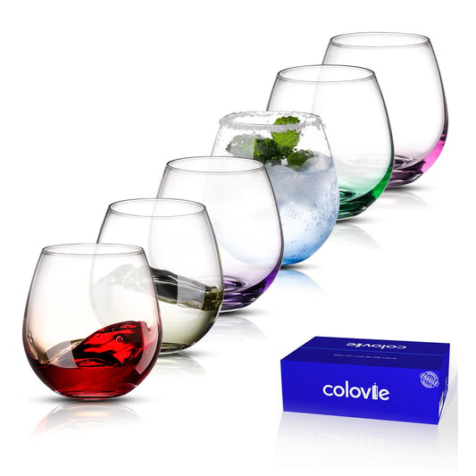 ColoVie Stemless Wine Glasses Set of 6, Large Colored Wine Glasses, Short Wine Glass Set for Red Wine, White Wine, No Stem Margarita Glasses, 15 oz