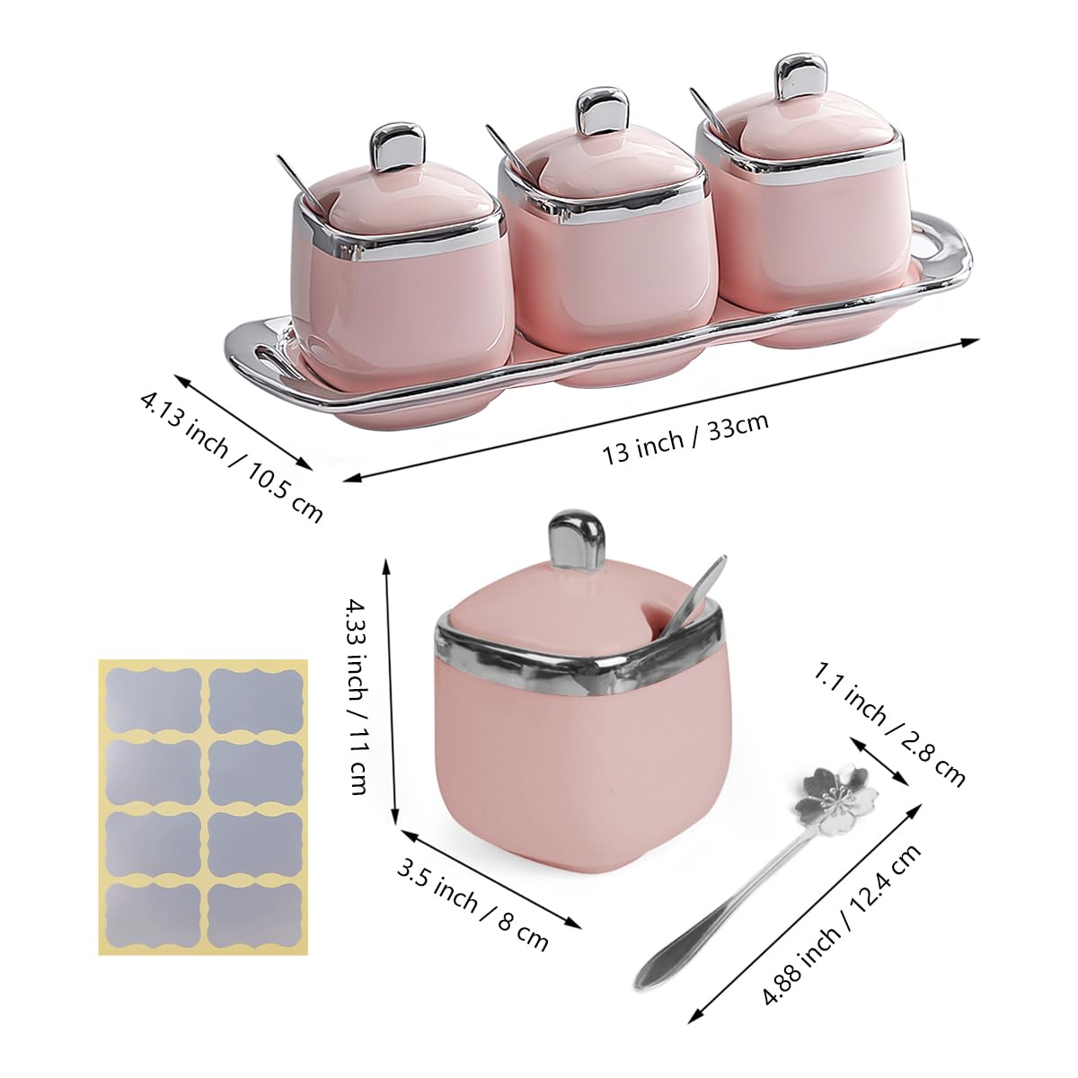Ceramic Sugar Bowls Set Salt Containers Condiment Jar Porcelain Spice Pots Pepper Boxes with Lids and Spoon, Kitchen Seasoning Canister for Pepper, Sugar, Salt (Pink)