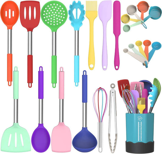 Multi-Colored 24-Piece Silicone Cooking Utensil Set, Fungun Non-stick Kitchen Utensil 24 Pcs. Cooking Utensils Set, Heat-Resistant Cookware, Silicone Kitchen Tools Gift with Stainless Steel Handle (Colorful-24pcs)