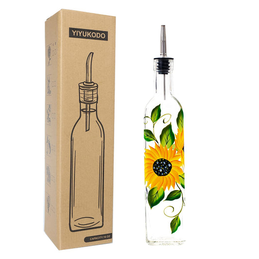 YIYUKODO 17oz Hand Painted Glass Olive Oil Bottle Dispenser - 500ml Green Oil & Vinegar Cruet with Pourers - Olive Oil Carafe Decanter for Kitchen (sunflower2)