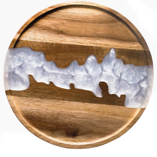 Visually Stunning Pearl White Resin + Acacia Wood Serving Tray - Modern Round 12" Serving Tray for Food, Breakfast in Bed, Coffee Table, Decor, Organization, Snacks, Patio, Lap Tray