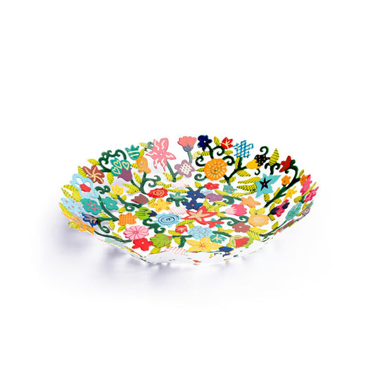 EMANUEL Yair Decorative Metal Fruit Bowl | Vibrant Hand Painted Bowl | Hangable Centerpiece Bowl for Home Decor and Gifting | Judaica Art (14 inch, Flowers)