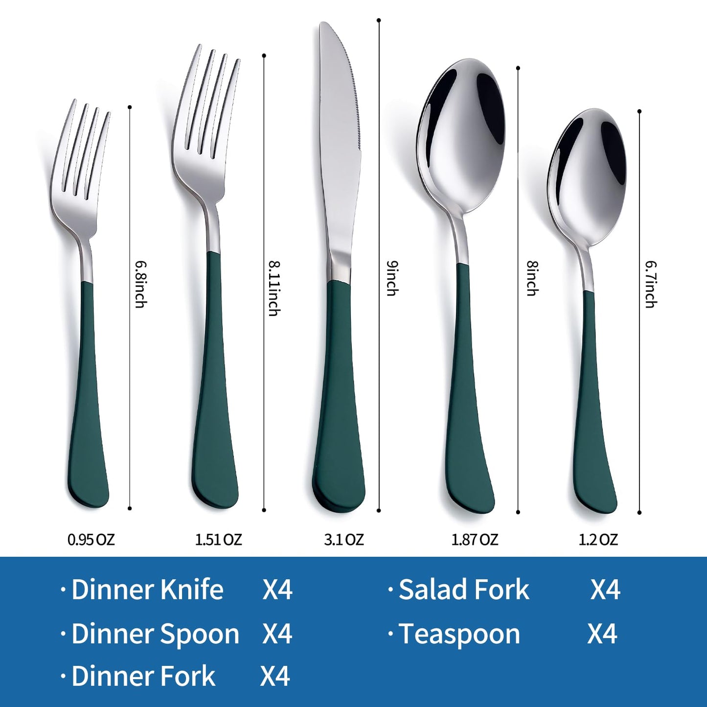 Green 20-Piece Silverware Set 18/0 Stainless Steel Flatware Green Handle Cutlery Set Service for 4 Dinner Knives Forks Spoons Set Mirror Finish Dishwasher Safe