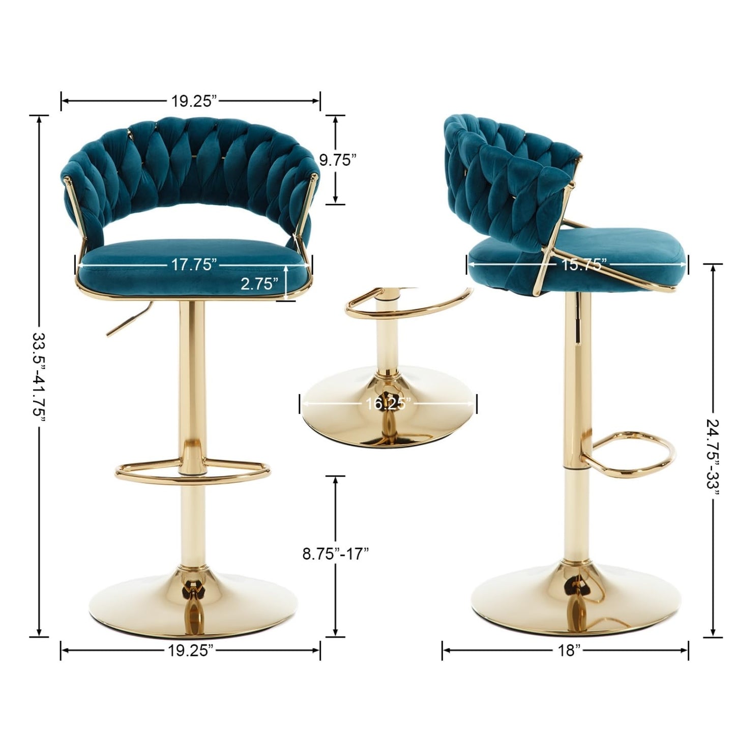 Modern Teal Green Velvet and Gold Swivel Bar Stools (Set of 4)