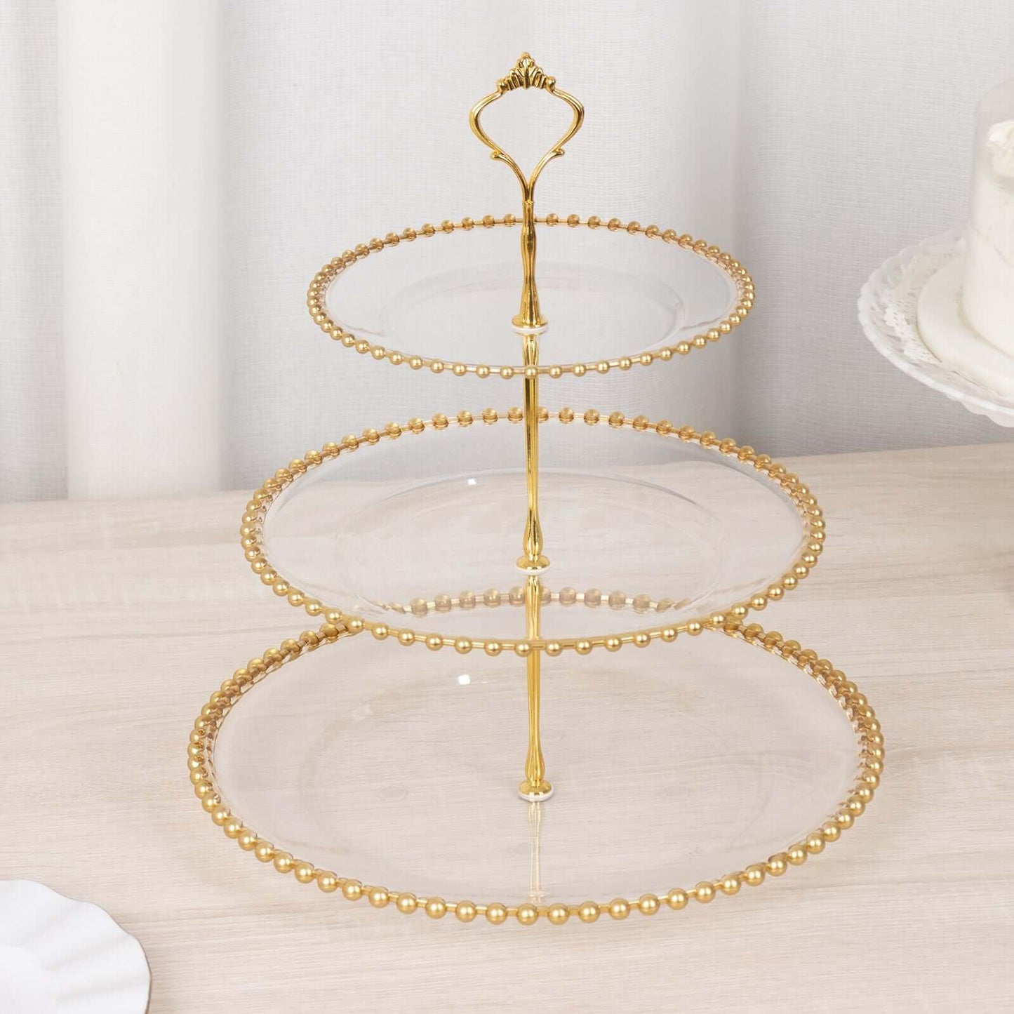 Efavormart Clear 3-Tier Round Plastic Cupcake Tower Stand with Gold Beaded Rim, Dessert Display Tea Party Serving Platter With Top Handle - 14" Tall