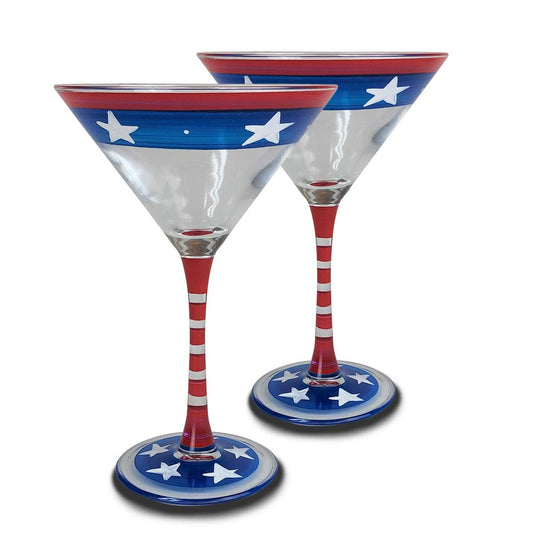 Golden Hill Studio Hand Painted Martini Glasses Set of 2 - Patriotic Collection - Hand Painted Glassware by USA Artists - Unique and Decorative Martini Glasses, July 4th Kitchen Table Décor