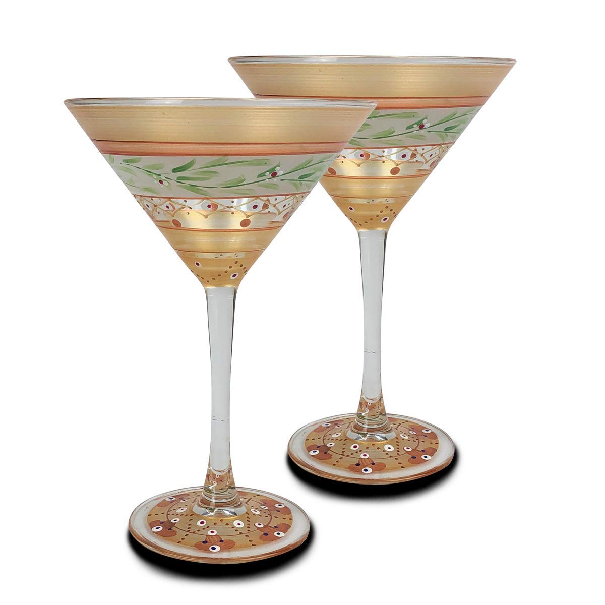 Golden Hill Studio Hand Painted Martini Glasses Set of 2 - Moroccan Mosaic Gold Garland Collection - Hand Painted Glassware by USA Artists - Unique and Decorative Martini Glasses, Kitchen Table Déco