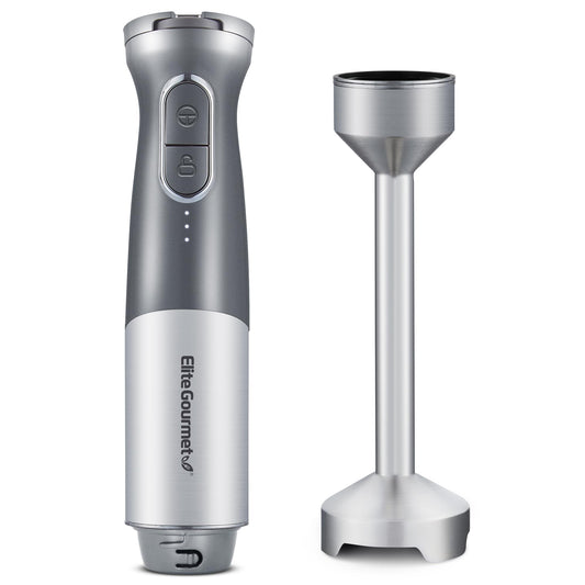 Elite Gourmet EHB1324 Cordless, Rechargeable Hand Blender, Variable 5-Speed Blending, One-Touch Power Button & Safety Lock, Stainless Steel Blades, Portable, Sauces, Soup, Smoothies, Baby Food, Gray