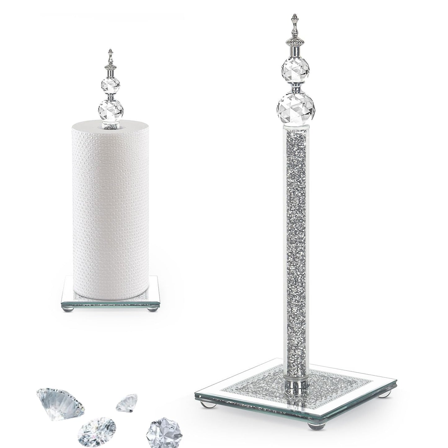 Crystal Paper Towel Holder, Bling Silver Paper Towel Roll Holder, Decorative Standing Paper Towel Holder for Kitchen Countertops Bathroom, Paper Towel Dispenser with Weighted Base (Square/Silver)