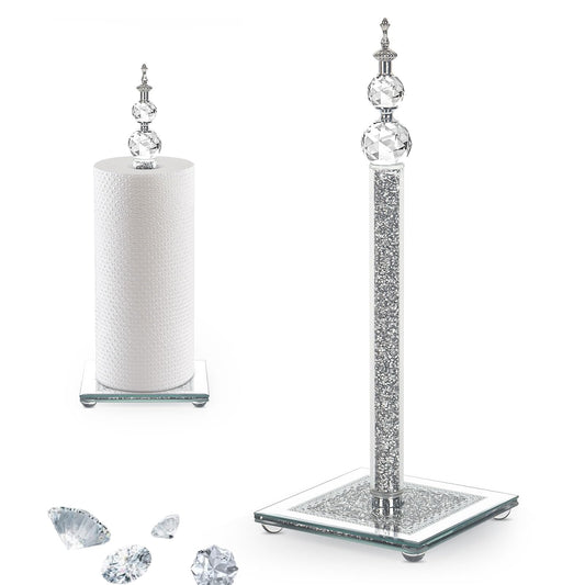 Crystal Paper Towel Holder, Bling Silver Paper Towel Roll Holder, Decorative Standing Paper Towel Holder for Kitchen Countertops Bathroom, Paper Towel Dispenser with Weighted Base (Square/Silver)